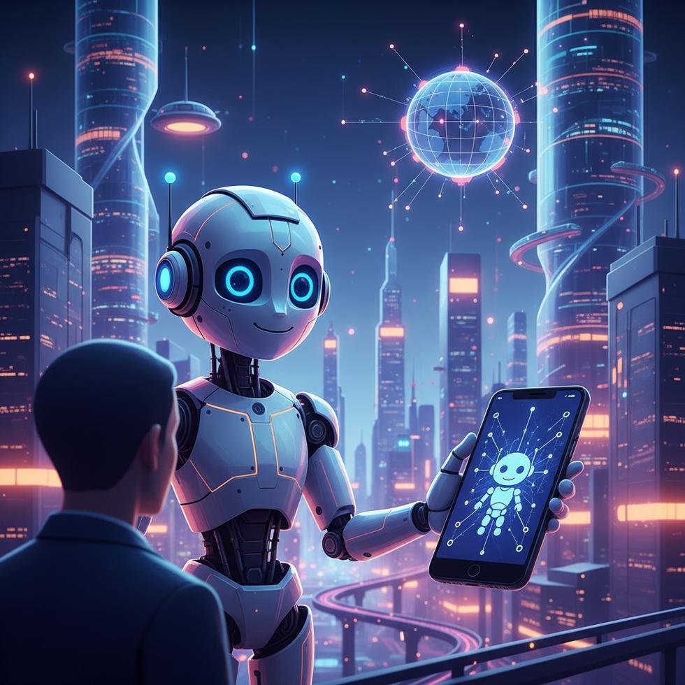 Akıllı telefonunda yapay zekâ arkadaşı ile etkileşimde olan modern bir kullanıcı