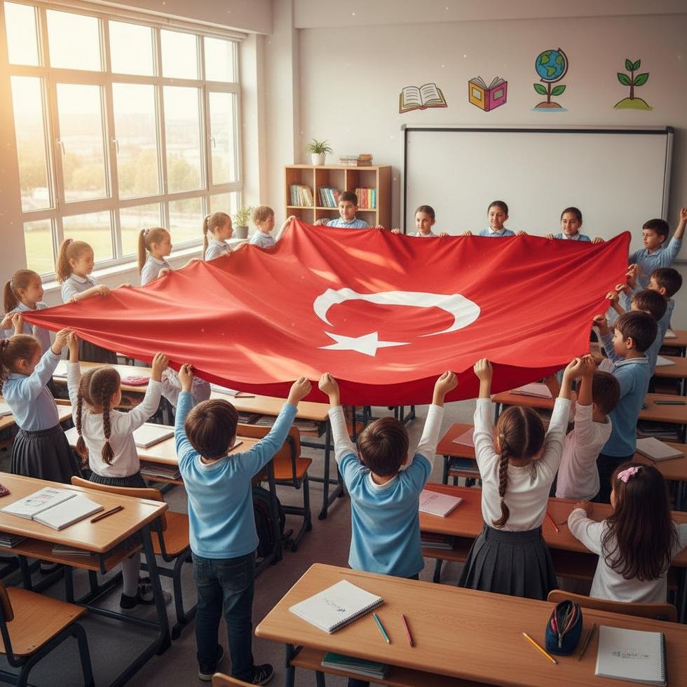 Students in classroom holding Turkish flag during a lesson about patriotism