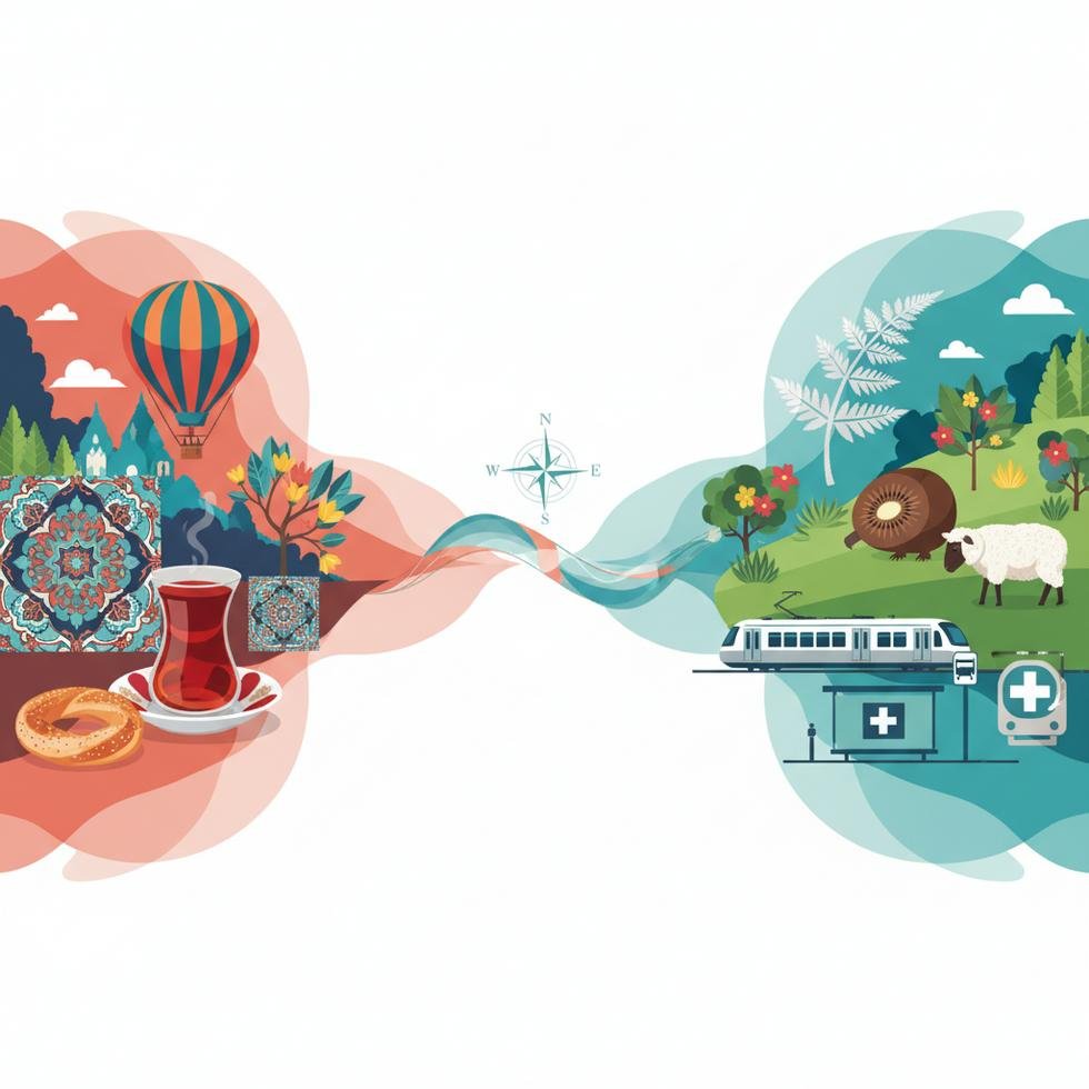 Yeni Zelanda’da kültürel uyumu temsil eden doğal ve şehir hayatı görüntüsü