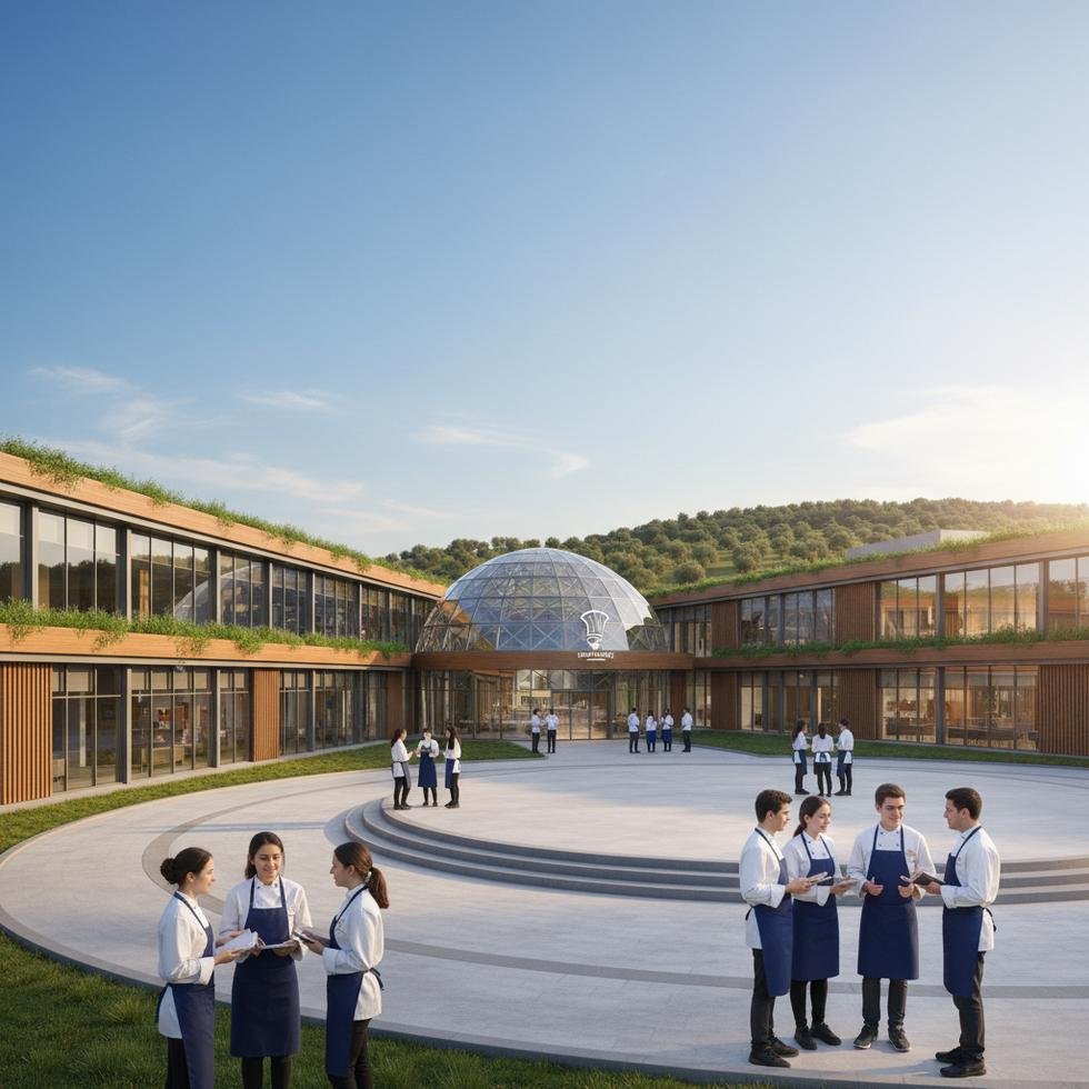 Gastronomi mesleki lisesinin dış cephesi ve öğrenciler