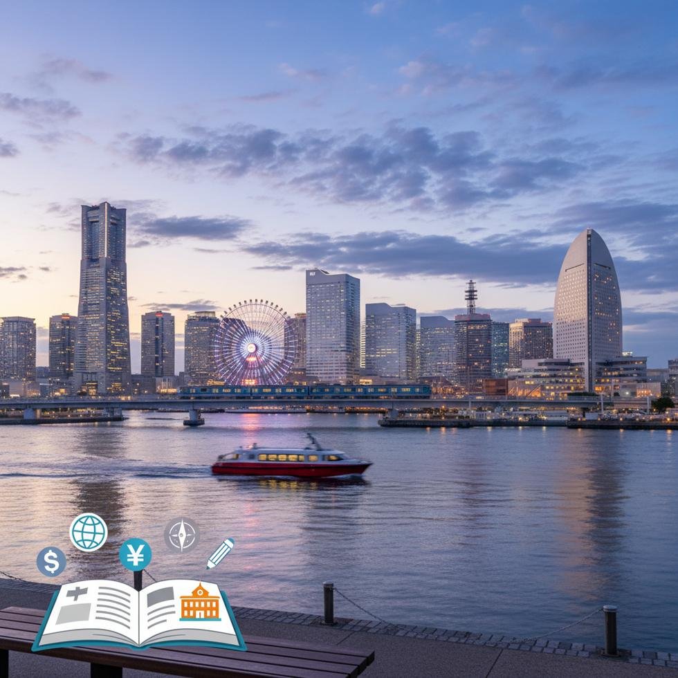 Yokohama şehrinde sahil ve modern şehir manzarası