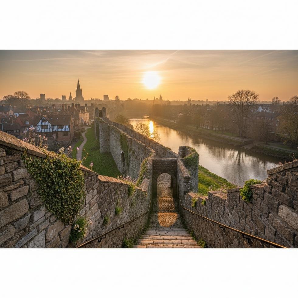 York şehir surlarında gün batımı ve romantik yürüyüş manzarası