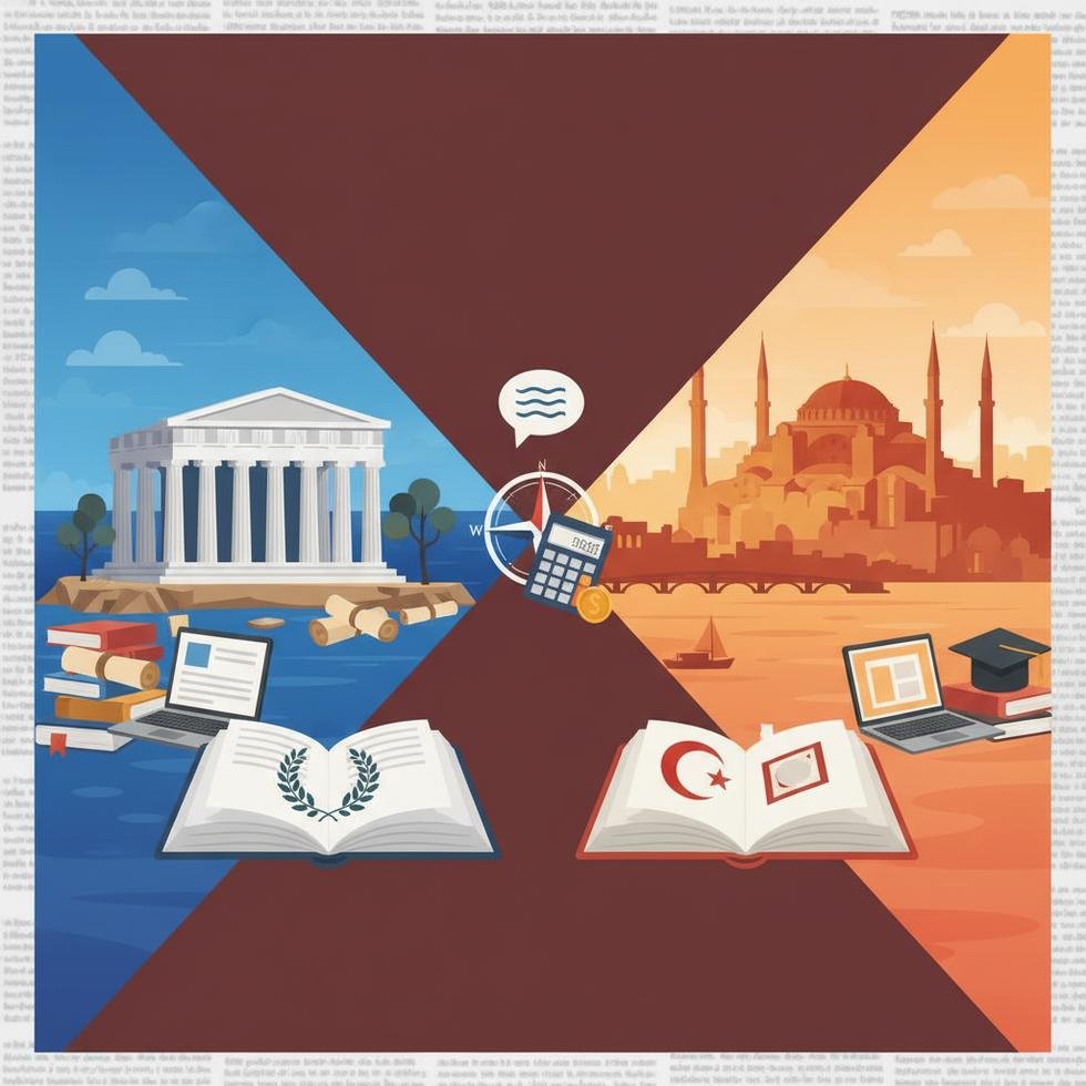 Yunanistan ve Türkiye üniversiteye giriş süreçleri, maliyet ve dil seçeneklerini gösteren grafik