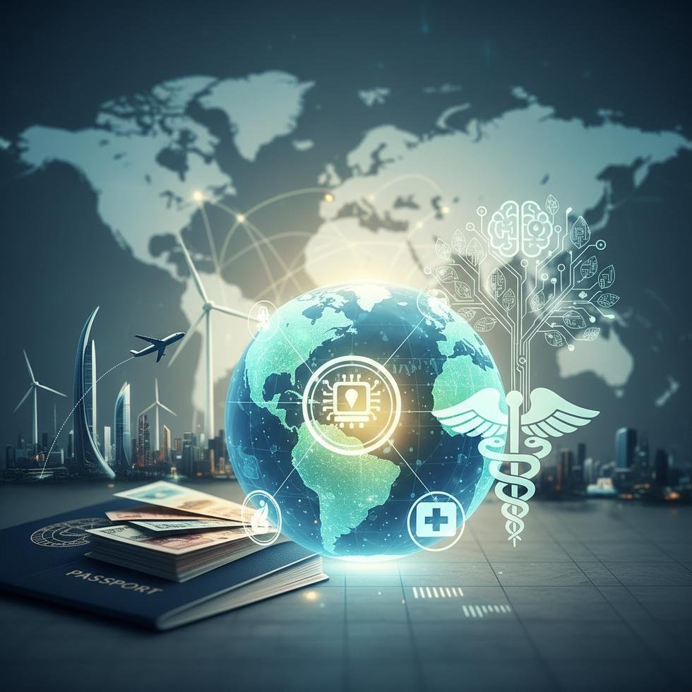 Yapay zekâ, yeşil enerji ve sağlık teknolojilerini temsil eden eğitim ve kariyer konsepti