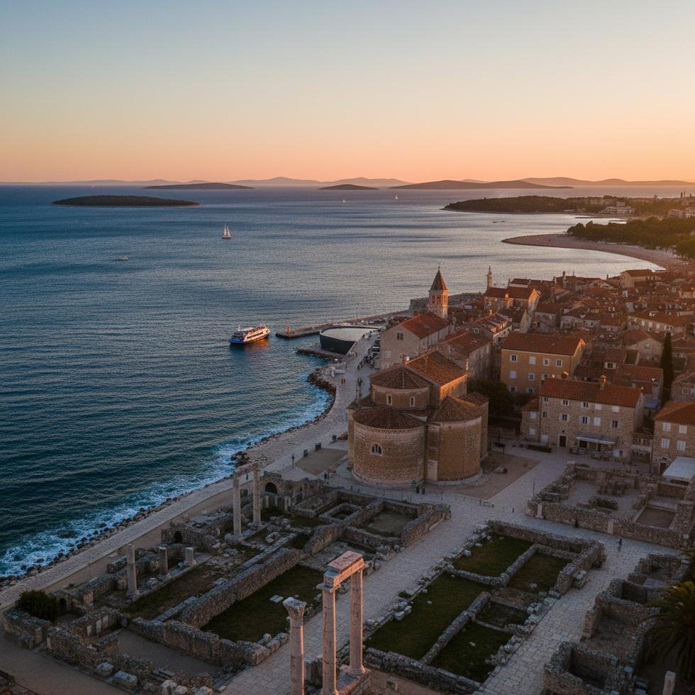 Zadar şehir panoraması ve Adriyatik kıyısı