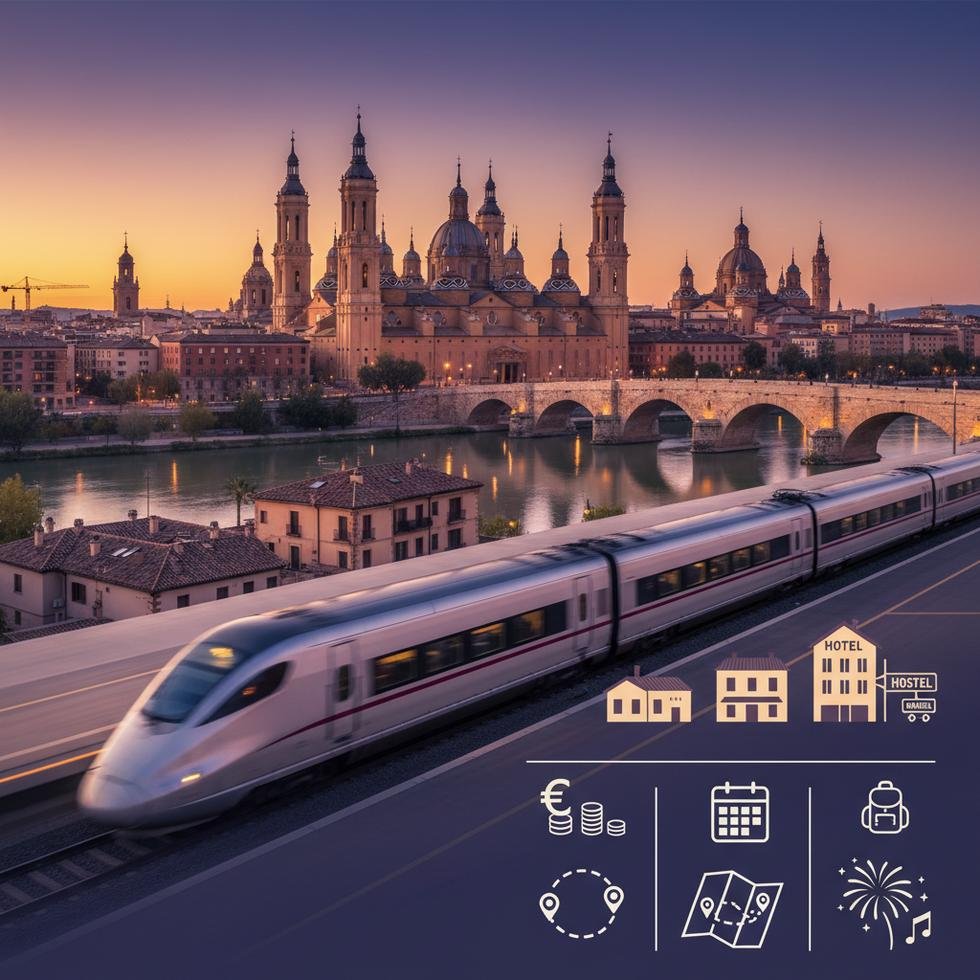 Zaragoza şehir merkezinden tarihi yapılar ve nehir kıyısı manzarası