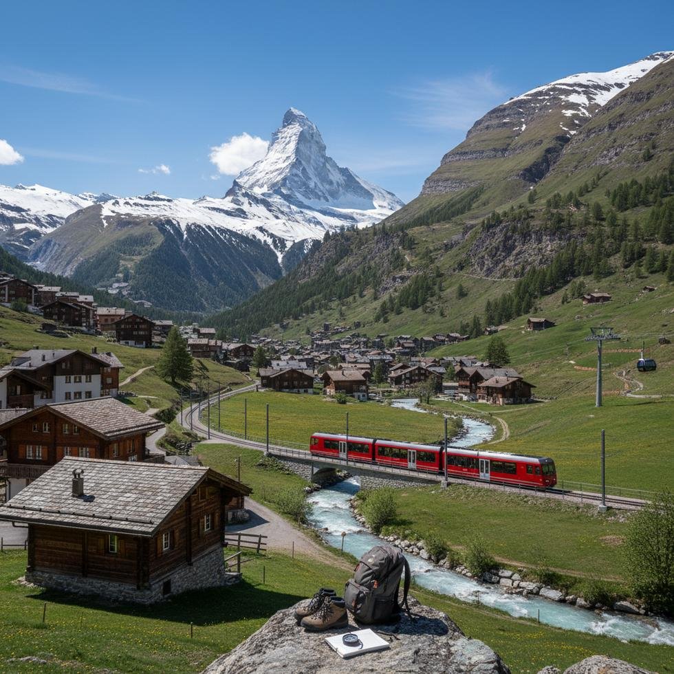 İsviçre Alpleri’nde Zermatt köyü ve Matterhorn dağ manzarası