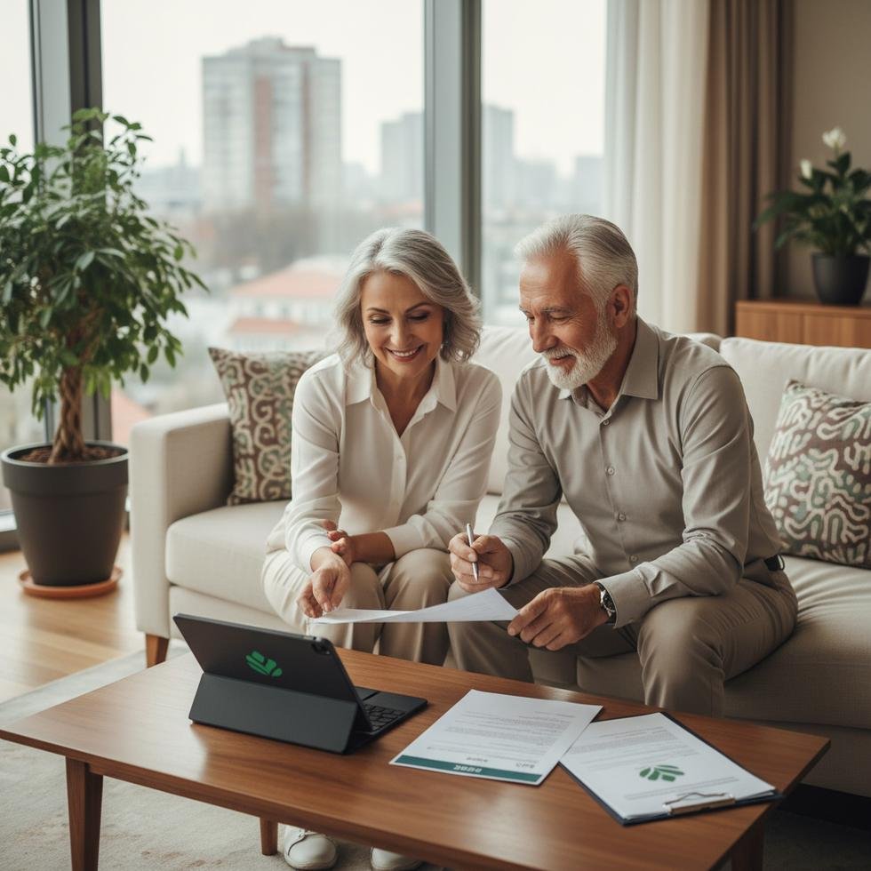 Emekli cift evde banka belgelerini inceliyor