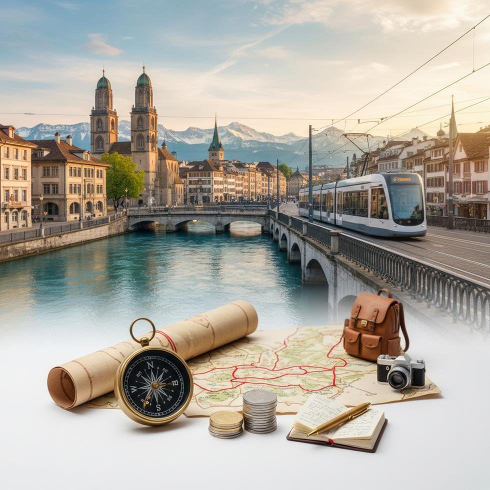 Zürih şehir manzarası ve toplu taşıma