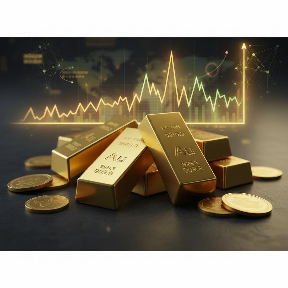 Altın külçeleri ve paraları, dalgalanan piyasa grafikleriyle birlikte