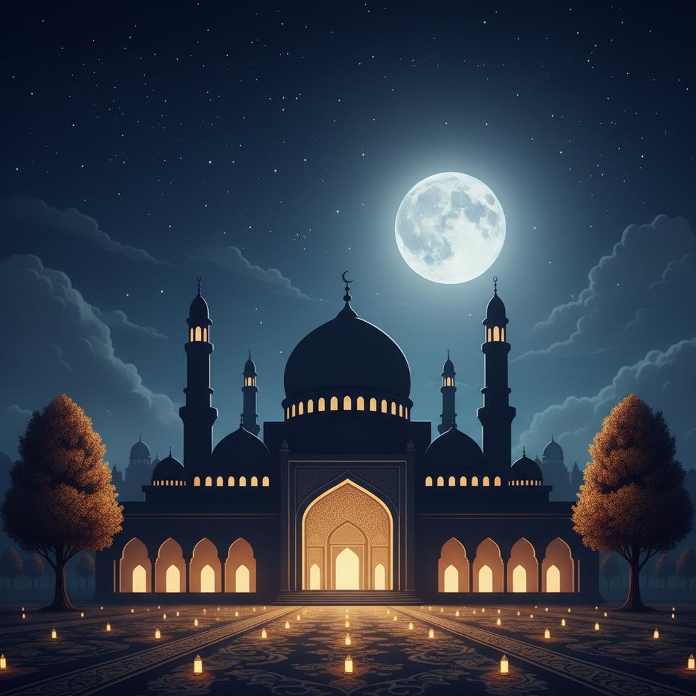 Ramazan gecesi, bulanık bir cami silueti ile aydınlanan gece gökyüzü.
