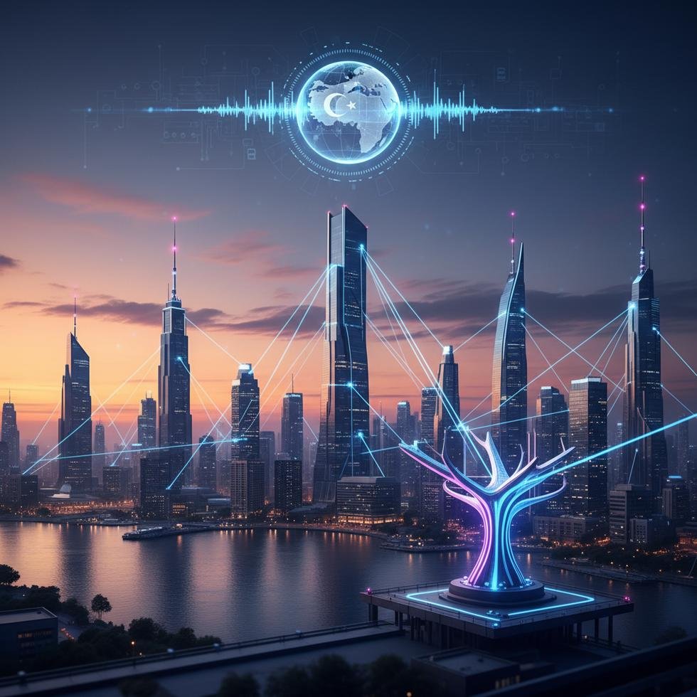 Şehir silueti ve 5G kuleleri.