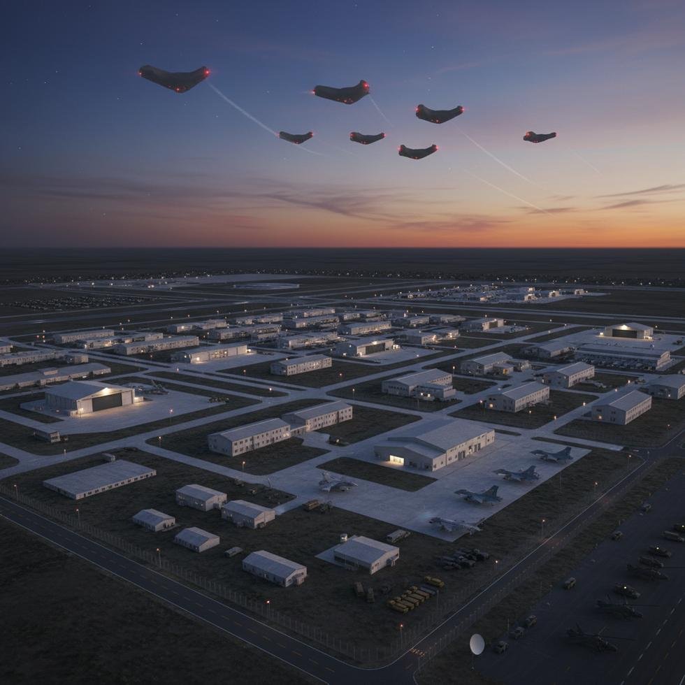 Üzerinde dron uçan bir askeri üs.