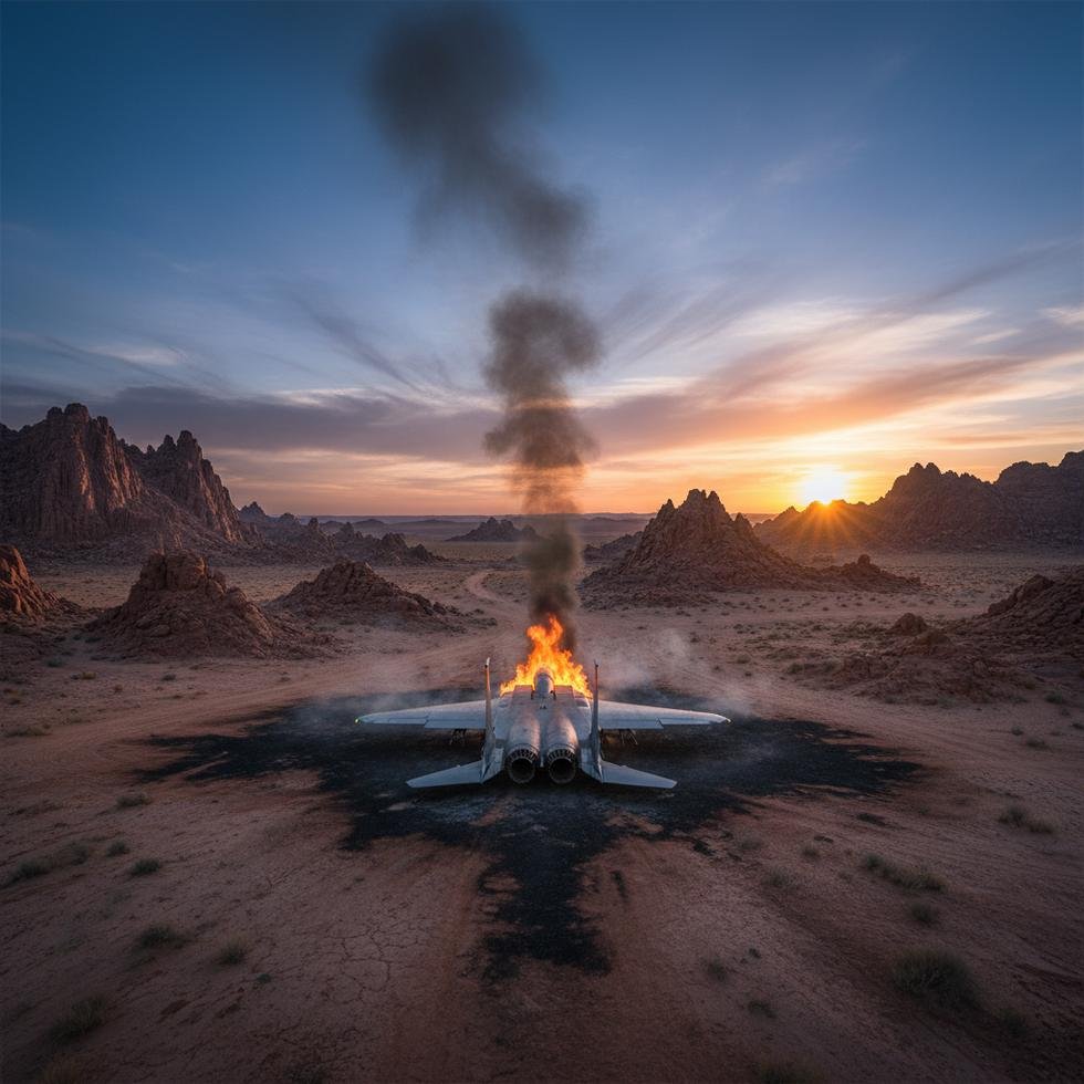 Çöl manzarasında düşen askeri savaş uçağı