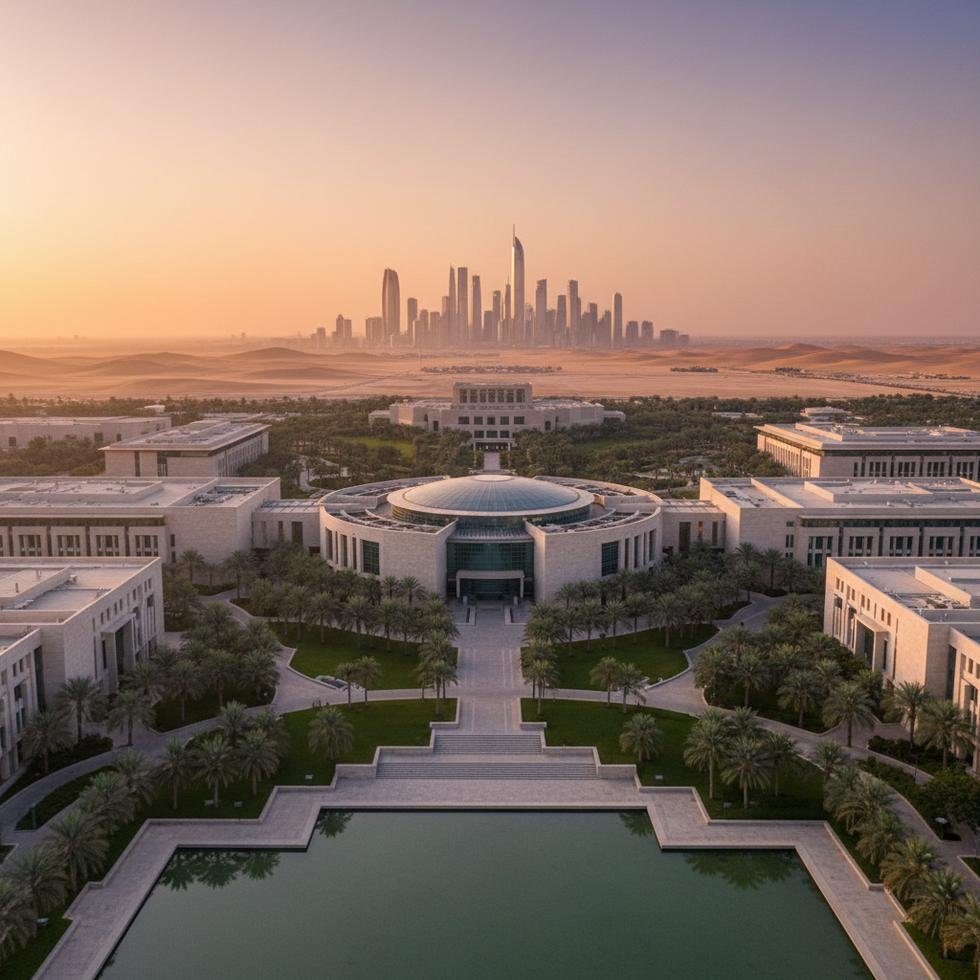 Abu Dabi'de üniversite kampüsü ve şehir manzarası