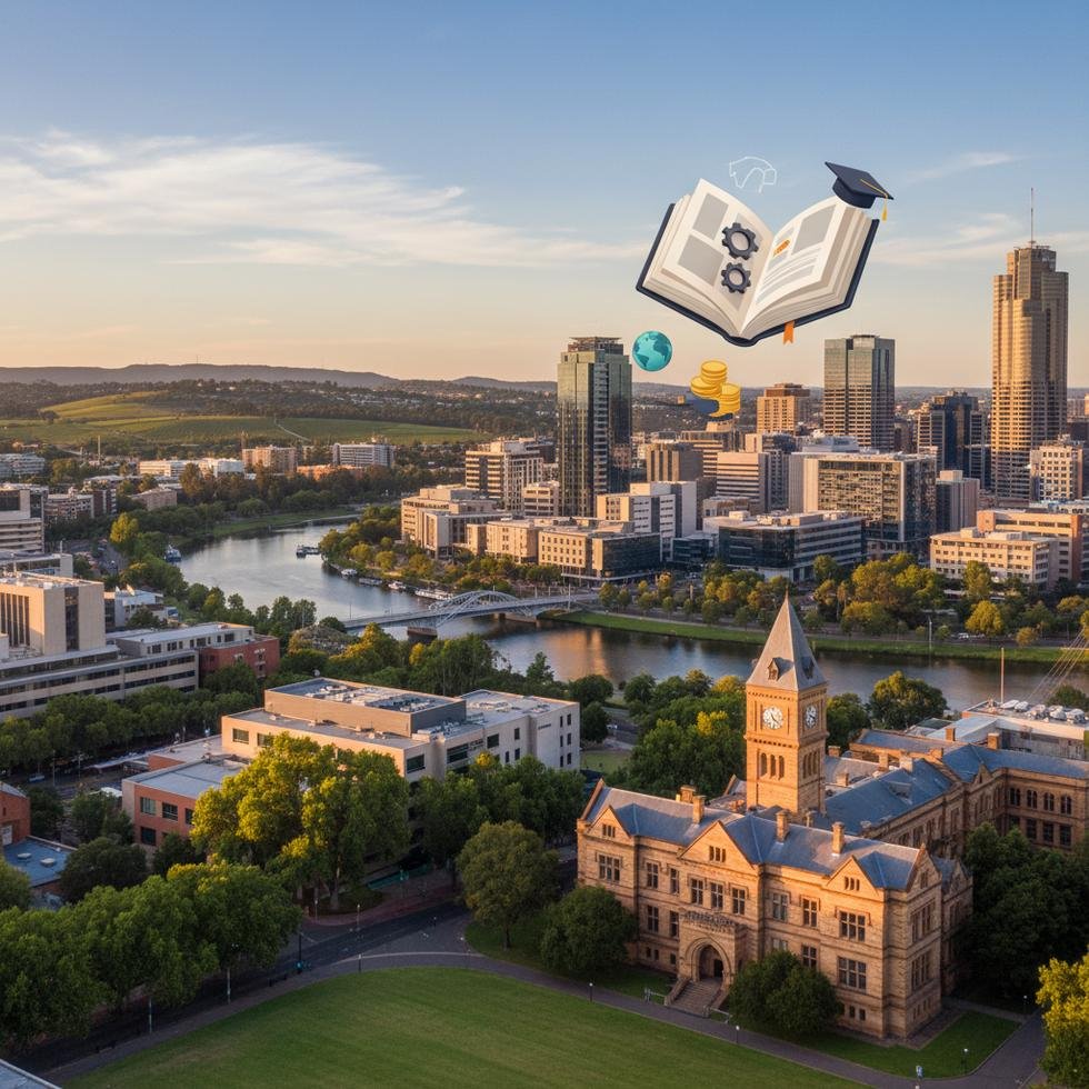 Adelaide’de üniversite kampüsü ve şehir manzarası