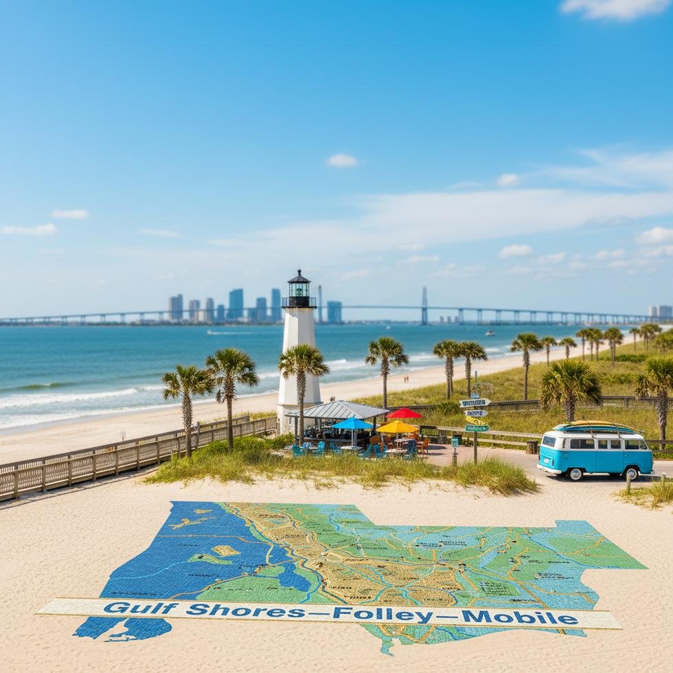 Alabama’da Work and Travel programı kapsamındaki iş ve konaklama seçeneklerini gösteren bir sahil manzarası