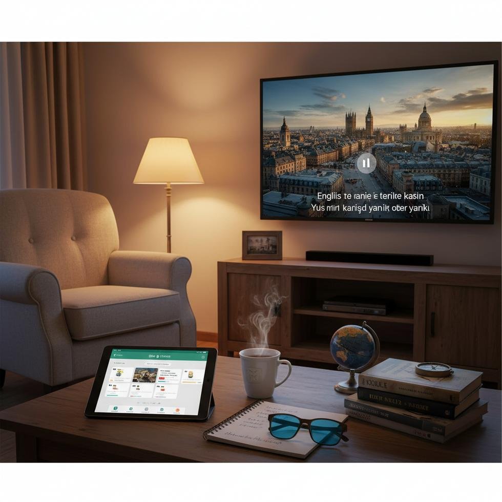 İngilizce öğrenmek için altyazılı dizi izleyen bir öğrenci