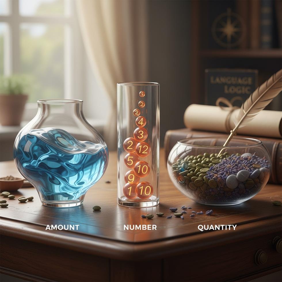 Amount, number ve quantity İngilizce kullanım rehberi görseli