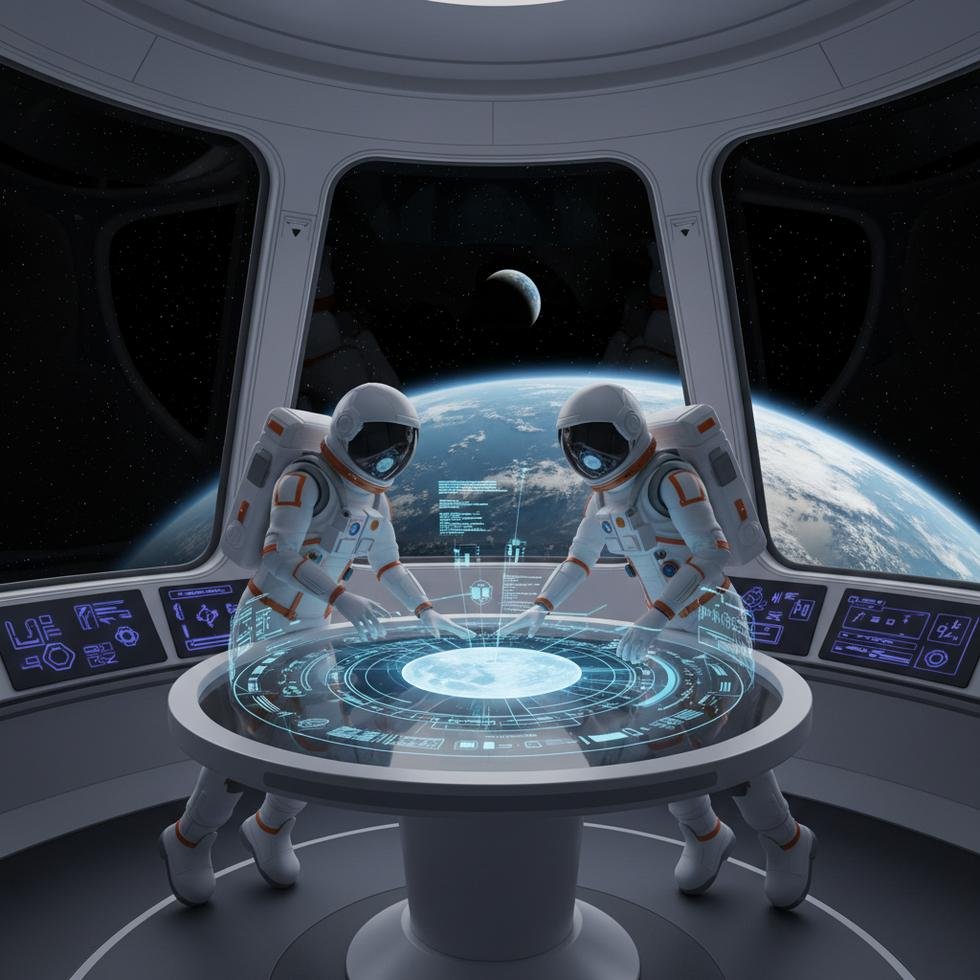 Uzay kıyafetli astronotlar görev planı tartışıyor