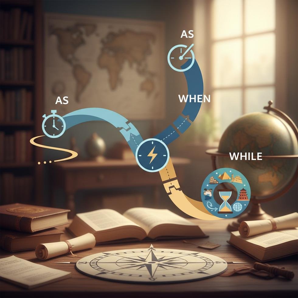 As, when ve while İngilizce bağlaçlarının kullanımını anlatan kılavuzun görseli
