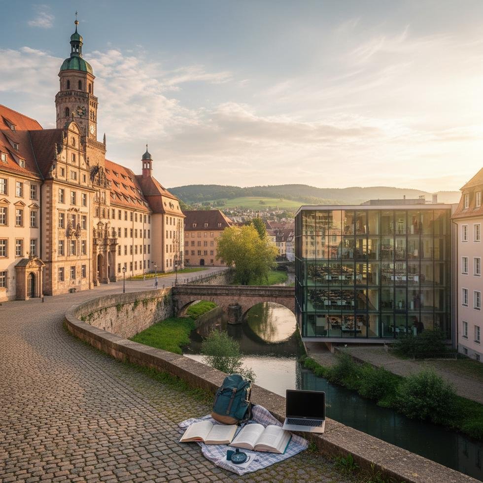 Augsburg şehir görüntüsü ve üniversite eğitimi konsepti