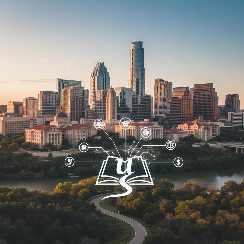 Austin’de üniversite kampüs görüntüsü ve genç öğrenciler