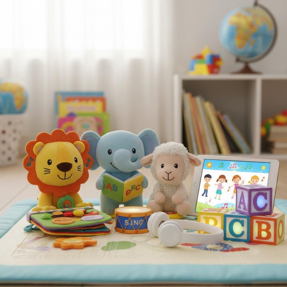 Bebeklere İngilizce öğretmek için müzik dinleyen ve tekerlemeler söyleyen bir anne ve bebek