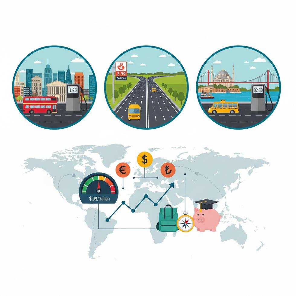 Avrupa, ABD ve Türkiye'de benzin fiyatları karşılaştırması gösteren grafik ve harita