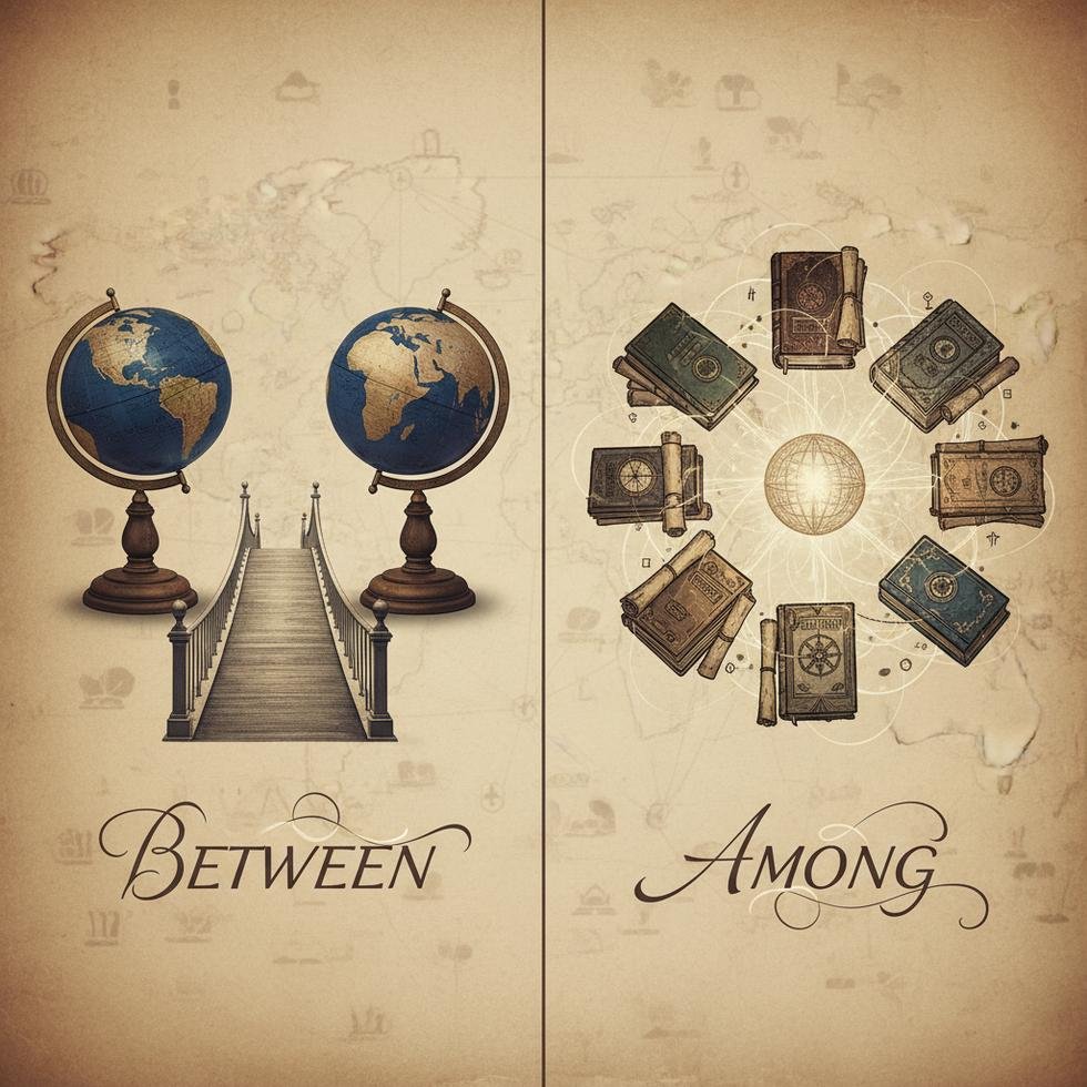 Between ve Among İngilizce edatlarının farklarını anlatan grafik ve metin