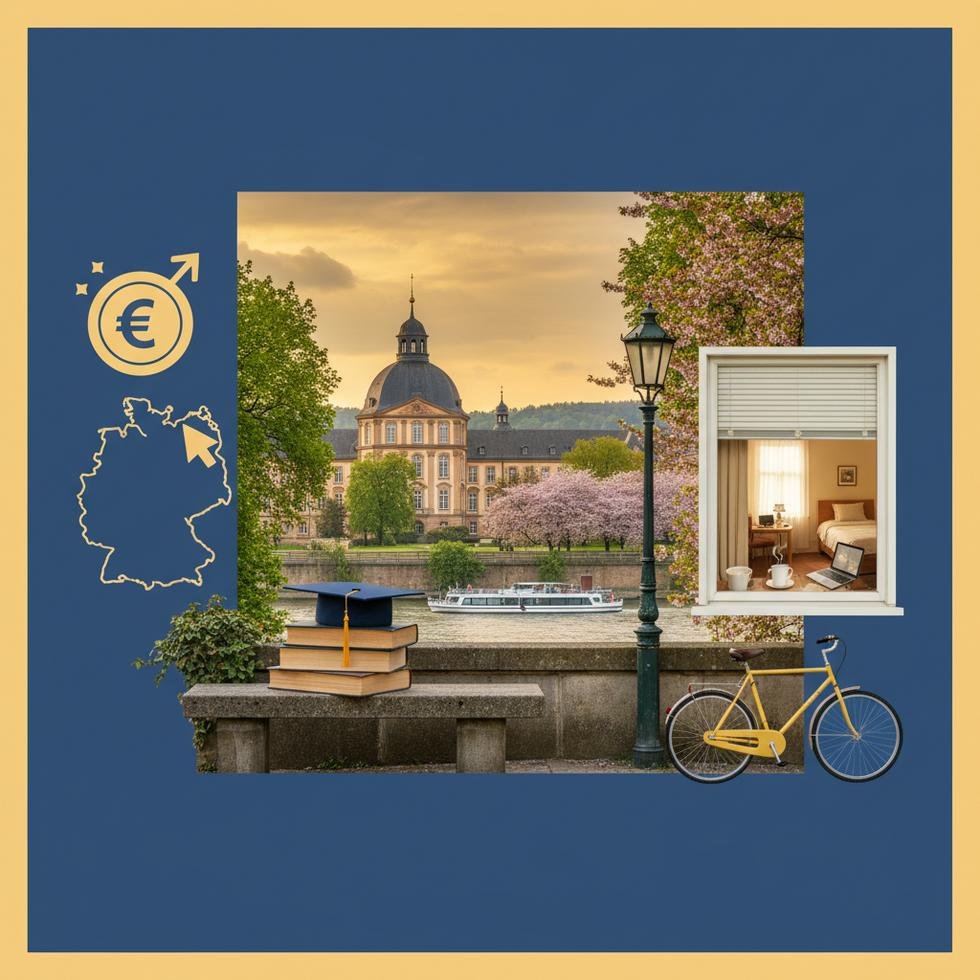 Bonn’da üniversite kampüsü ve Ren nehri kıyısında şehir manzarası