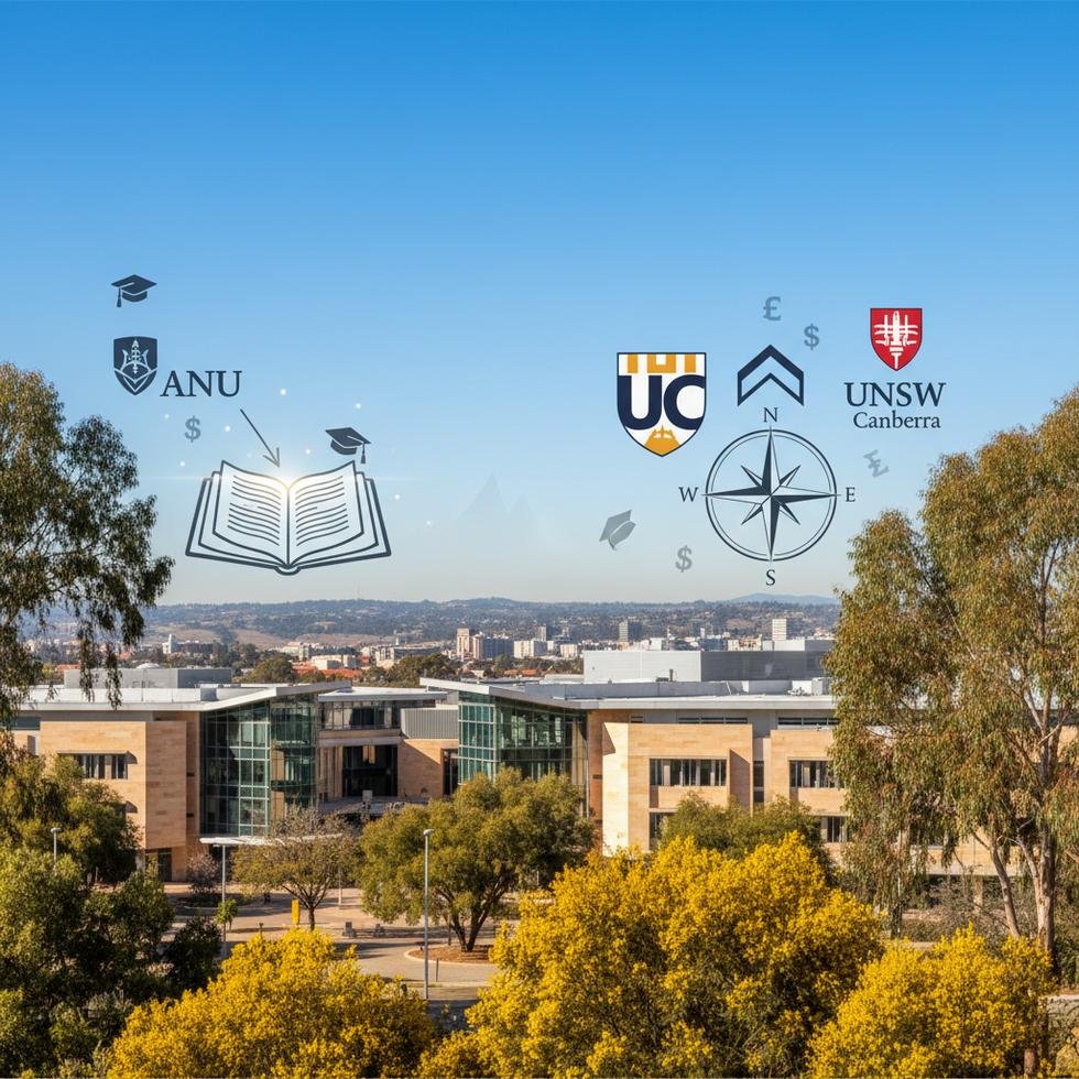 Canberra üniversiteleri kampüs manzarası ve eğitim temalı görsel