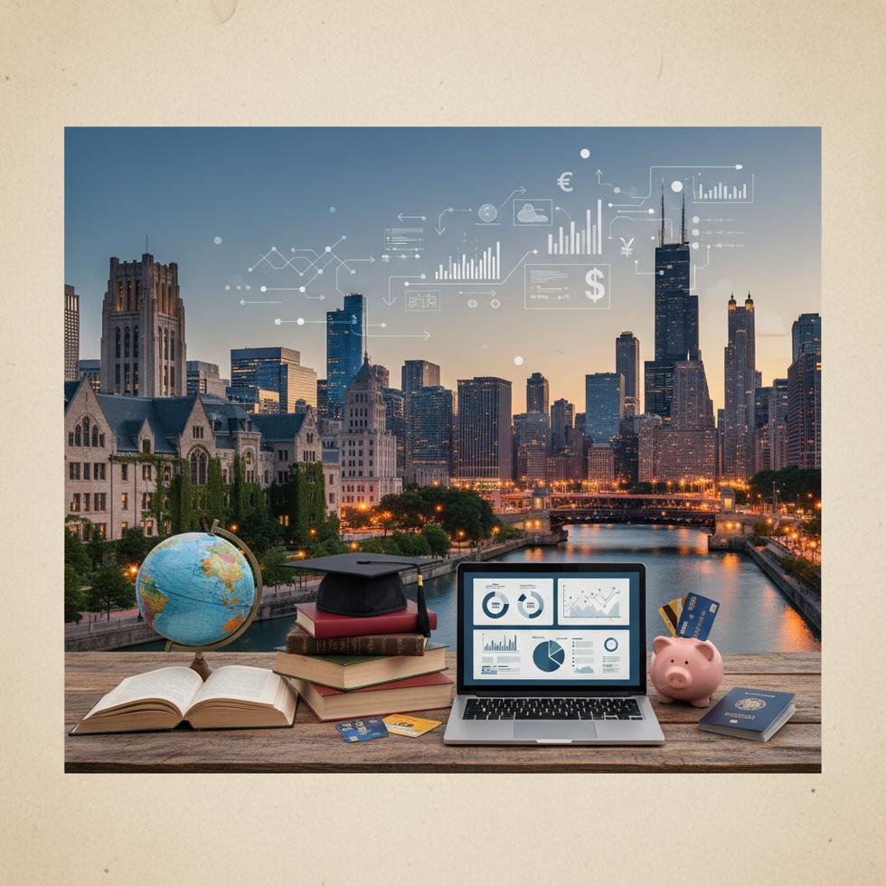 Chicago’da üniversite kampüsü ve şehir manzarası