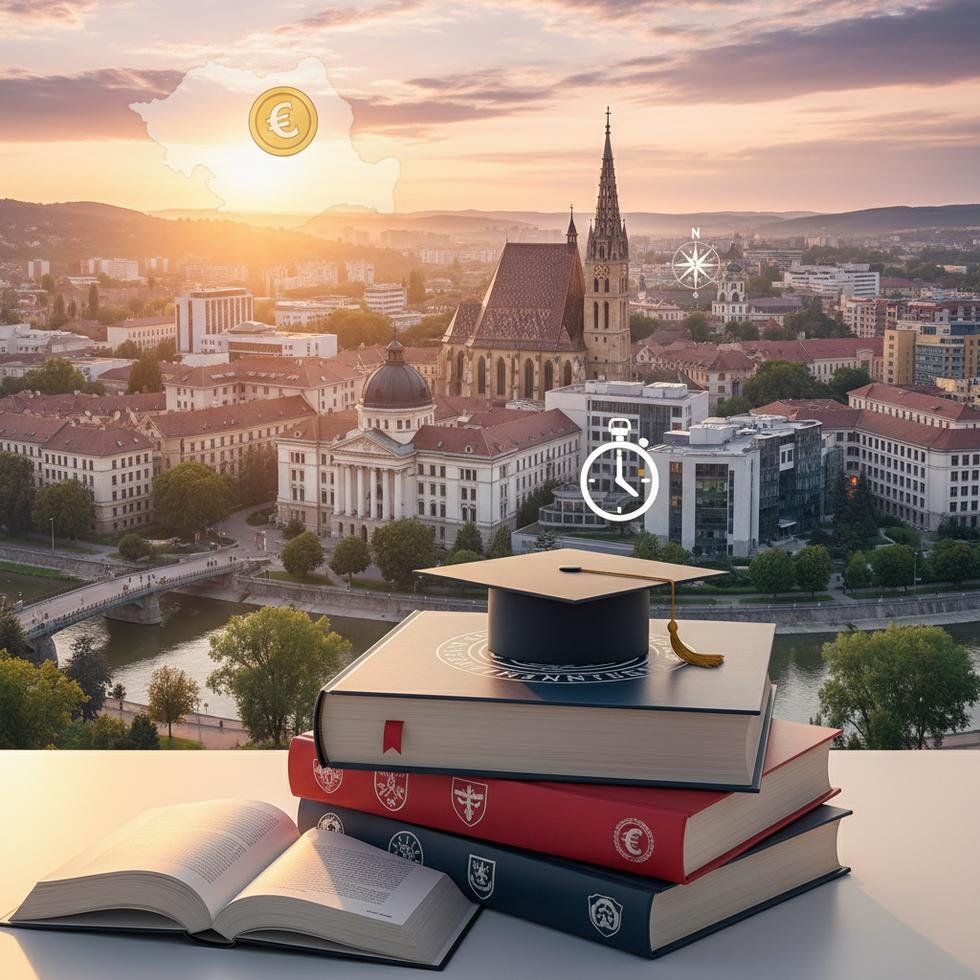 Cluj-Napoca'da üniversite kampüsü ve şehir görünümü