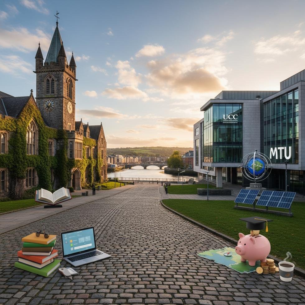 Cork'taki üniversite kampüsü ve öğrenciler