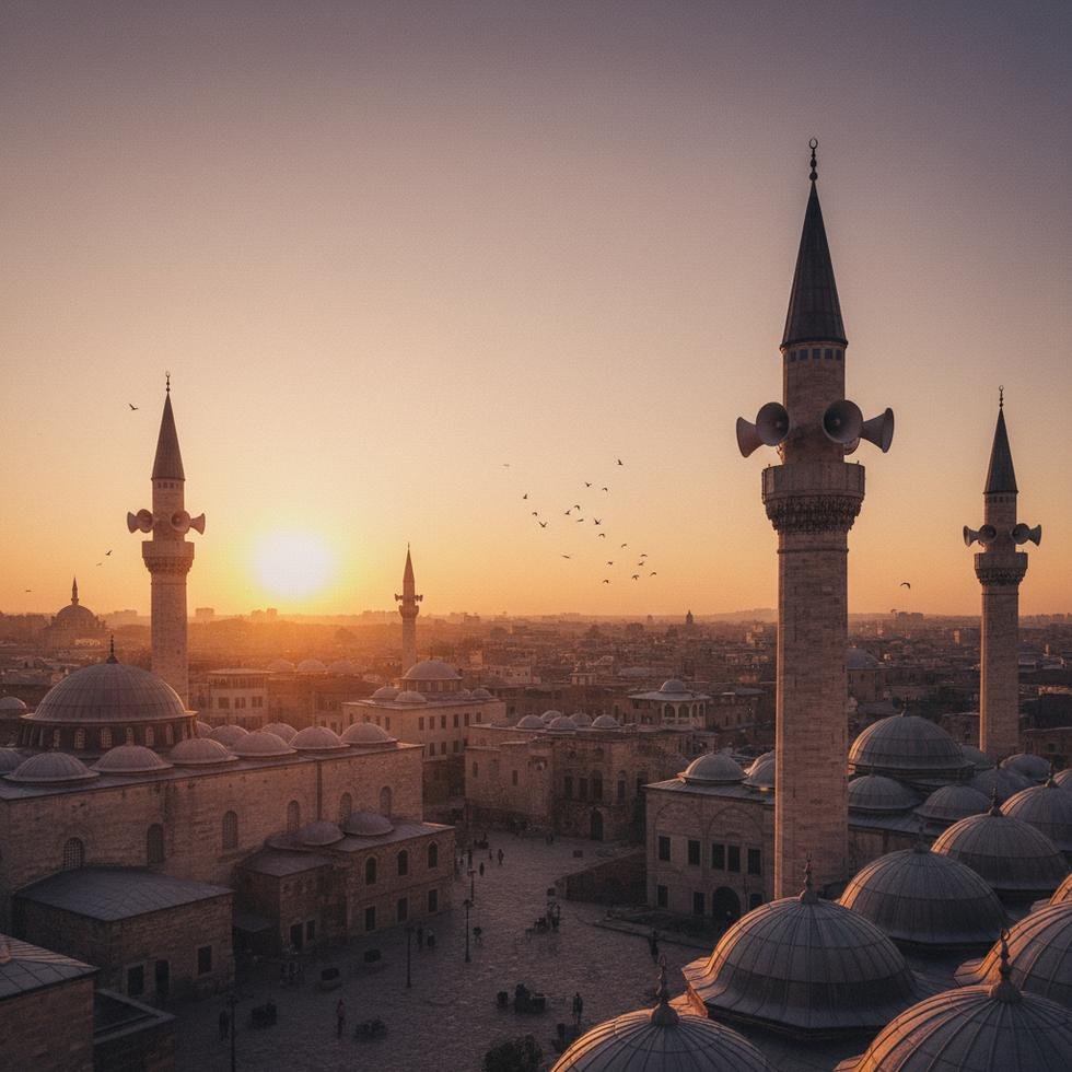 Gün batımında cami minaresi ve cuma selası