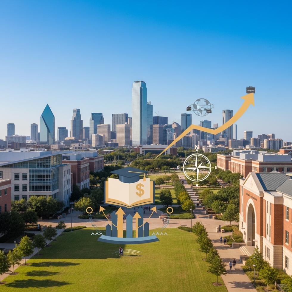 Dallas’ta üniversite eğitimi için kampüs ve şehir görünümü