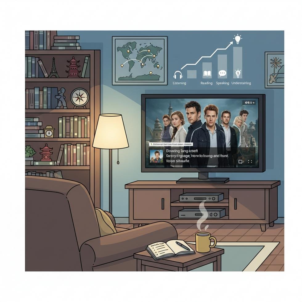 Bilgisayar ekranında İngilizce dizi izleyen kişi