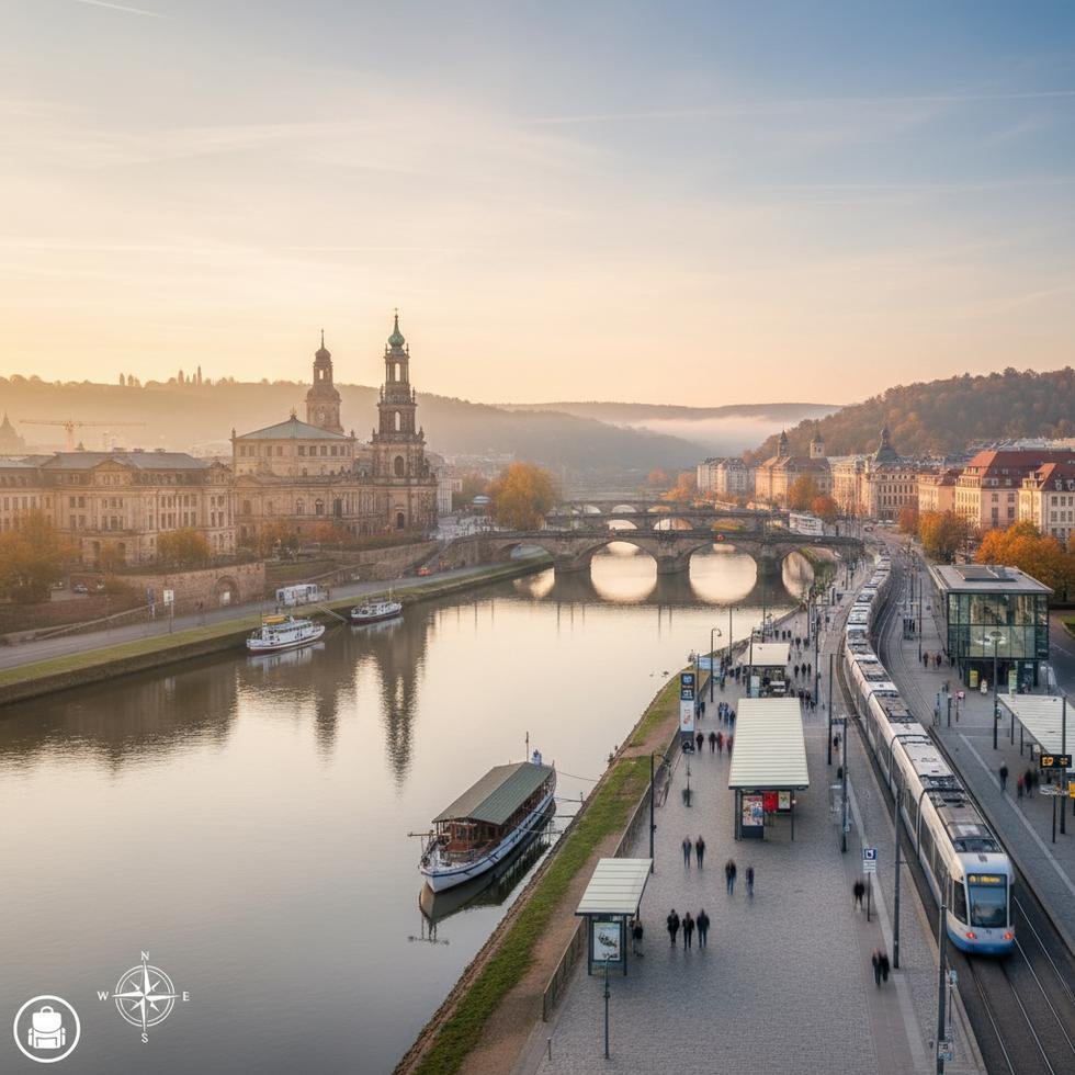 Dresden şehrinin tarihi binaları ve Elbe Nehri kıyısı