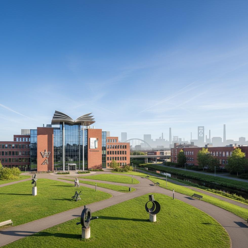 Duisburg şehrinde üniversite kampüsü ve öğrenciler