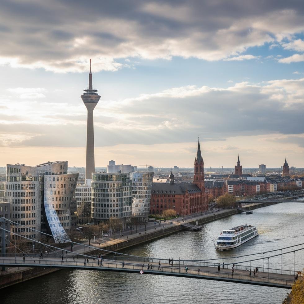 Düsseldorf şehri ve üniversite kampüsü genel görünümü