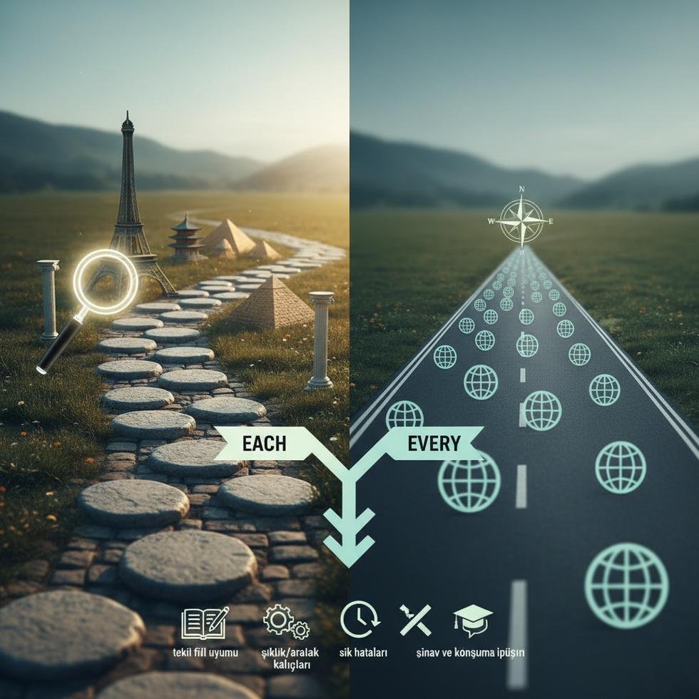 Each ve Every kelimelerinin İngilizcede doğru kullanım farkları tablo ve örneklerle