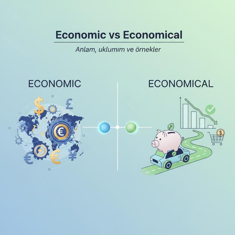 Economic ve economical kelimelerinin anlam ayrımı içeren eğitim görseli