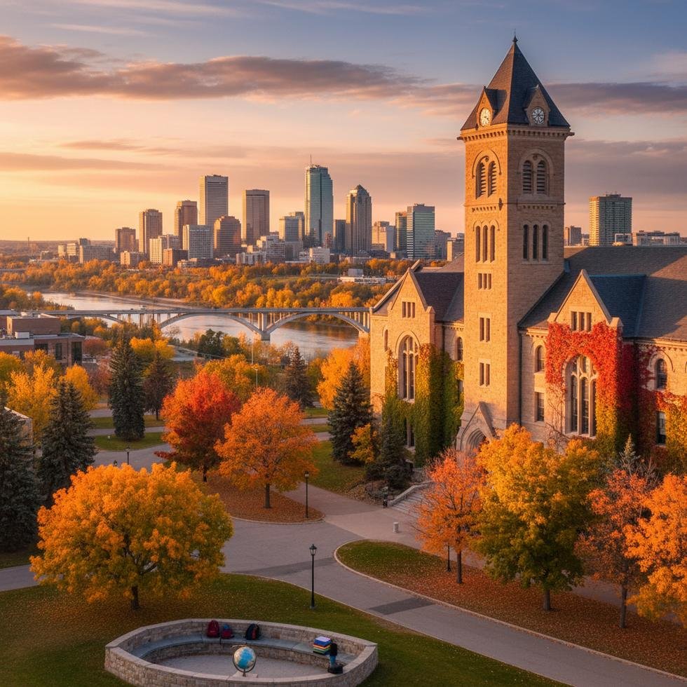 Edmonton'da üniversite öğrencileri kampüs alanında sohbet ediyor
