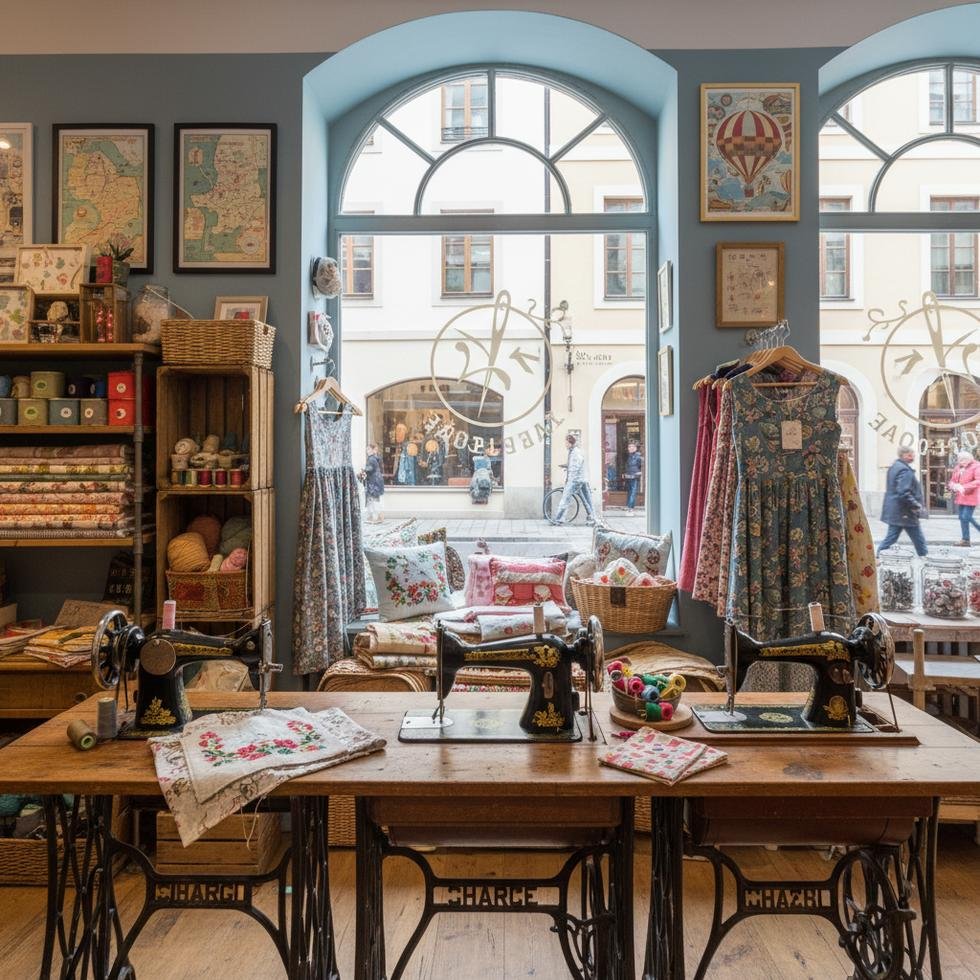 Mağazada dikiş makineleriyle kadın girişimci