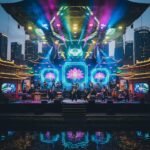 Asyalı müzisyenler büyük bir sahnede performans sergiliyor