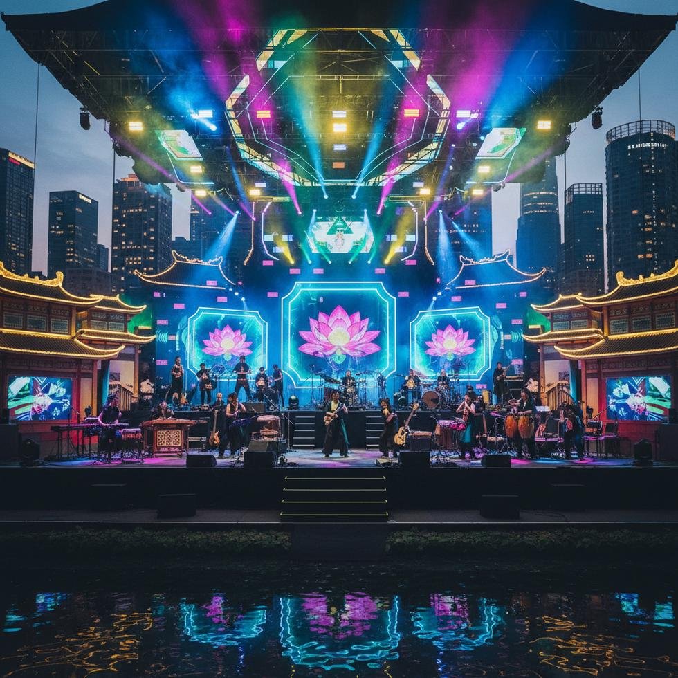 Asyalı müzisyenler büyük bir sahnede performans sergiliyor