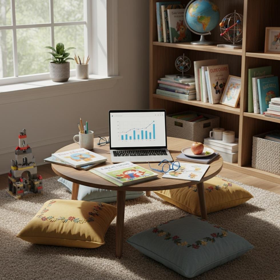 Evde eğitim gören çocuklar, kitaplar ve bilgisayarlarla