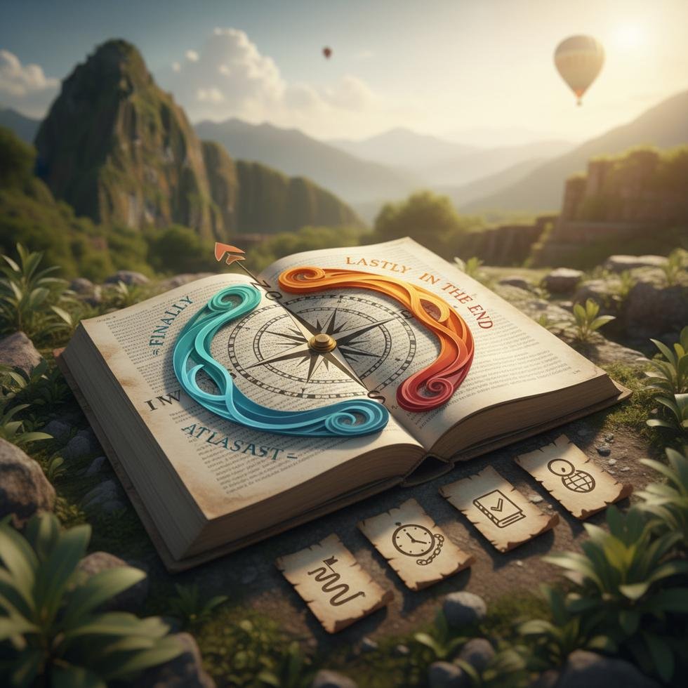 Finally, At Last, Lastly, In the End ifadelerinin kullanımını gösteren İngilizce öğrenme grafik