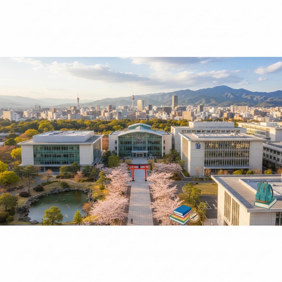 Fukuoka’da üniversite kampüsü ve şehir manzarası